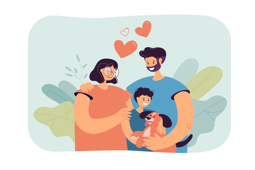 Happy young parents with child and dog